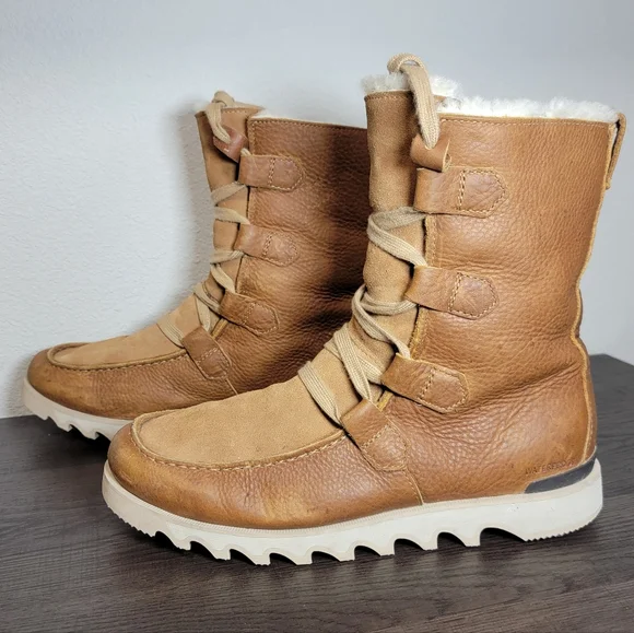 Sorel Kezar Waterproof Leather- Suede Tall Storm Sherpa Lined Laceup Boots Tan - Picture 4 of 8